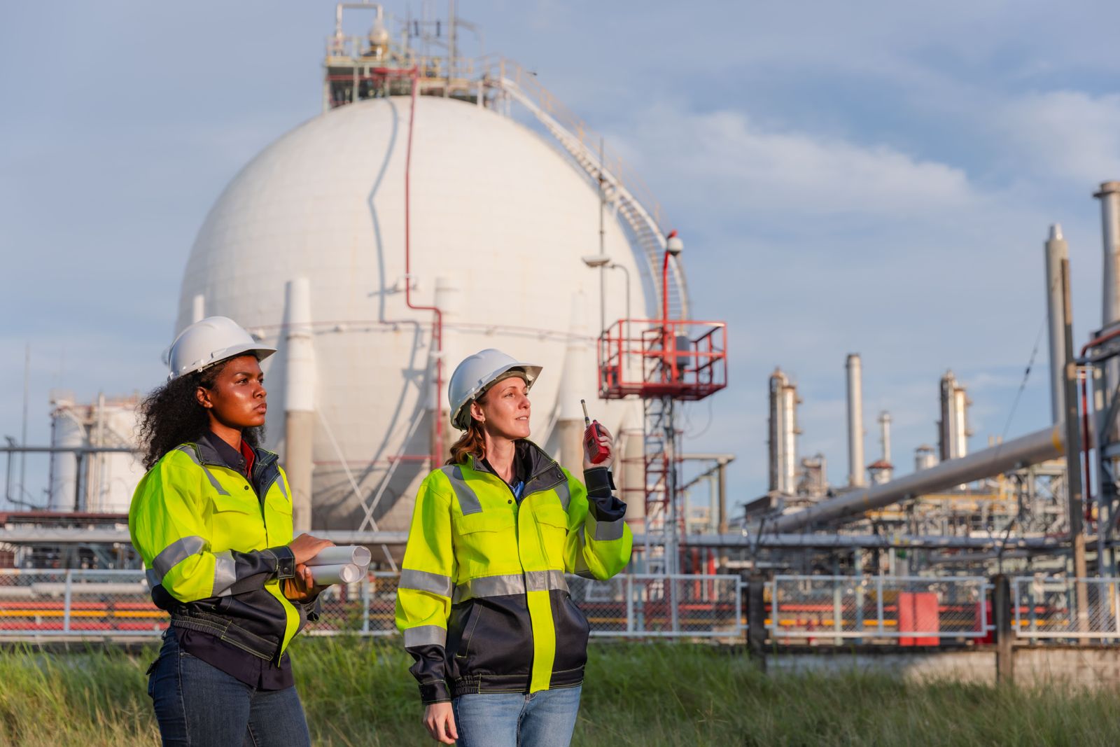 Dos mujeres del equipo de mantenimiento para sectores de la industria petrolera y de hidrocarburos